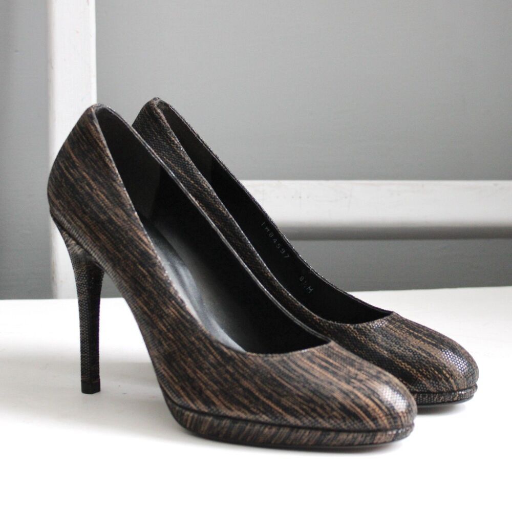 Stuart Weitzman Soft Leather Platform Black Brown Heels Pumps Round Toe Size 8.5
